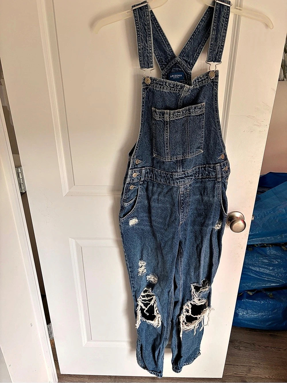 Arizona Jean Co. Distressed Denim Overalls Blue Medium